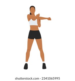 Woman doing Standing cross body arm. Shoulder stretch exercise. Flat vector illustration isolated on white background