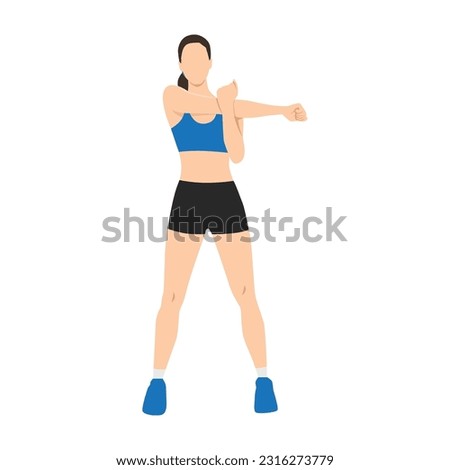 Woman doing Standing cross body arm. Shoulder stretch exercise. Flat vector illustration isolated on white background