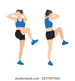 Woman doing standing elbow to knee exercise. Flat vector illustration isolated on white background