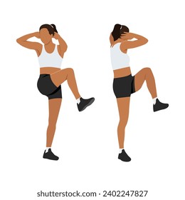 Woman doing standing elbow to knee exercise. Flat vector illustration isolated on white background