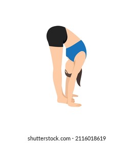 Woman doing standing forward bend pose uttanasana exercise. Flat vector illustration isolated on white background