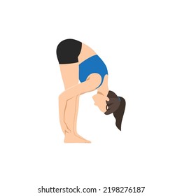 Woman doing Standing Forward Fold Pose, Intense Stretch Pose, Intense Forward Stretch, Standing Forward Bend Pose, Hand to Leg Pose. Uttanasana. Flat vector illustration isolated on white background