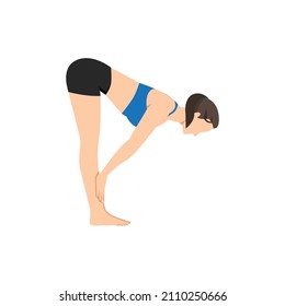Woman doing standing half forward bend pose ardha uttanasana exercise. Flat vector illustration isolated on white background