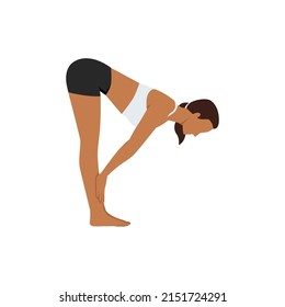 Woman doing standing half forward bend pose ardha uttanasana exercise. Flat vector illustration isolated on white background