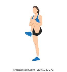 Woman doing standing knee hugs exercise. Flat vector illustration isolated on white background