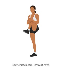 Woman doing standing knee hugs exercise. Flat vector illustration isolated on white background