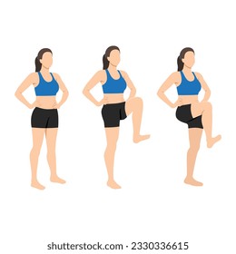 Una mujer que está de pie levanta la rodilla. Ejercicio abdominal. Ilustración vectorial plana aislada en fondo blanco