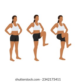 Una mujer que está de pie levanta la rodilla. Ejercicio abdominal. Ilustración vectorial plana aislada en fondo blanco