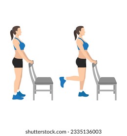 Woman doing Standing Leg Curl posture exercise. Flat vector illustration isolated on white background