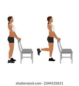 Woman doing Standing Leg Curl posture exercise. Flat vector illustration isolated on white background