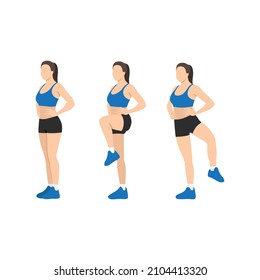 Woman doing standing open the gate or Dynamic stretches gate openers exercise. Flat vector illustration isolated on white background