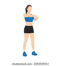 Woman doing standing palm down wrist stretch exercise. Flat vector illustration isolated on white background