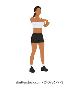 Woman doing standing palm down wrist stretch exercise. Flat vector illustration isolated on white background