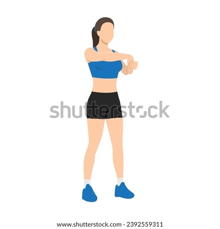 Woman doing standing palm down wrist stretch exercise. Flat vector illustration isolated on white background