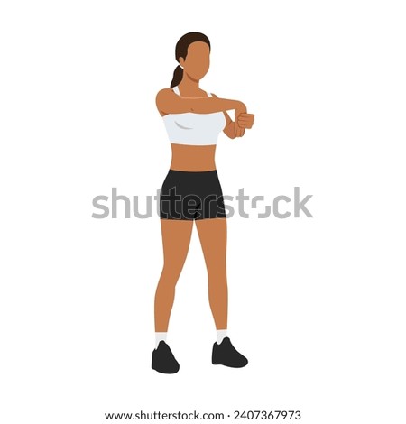 Woman doing standing palm down wrist stretch exercise. Flat vector illustration isolated on white background