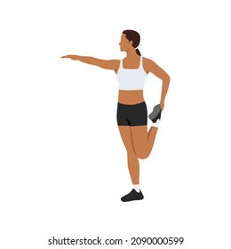 Woman doing Standing quad stretch exercise. Flat vector illustration isolated on white background