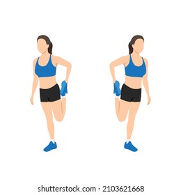 Woman doing Standing quad stretch exercise. Flat vector illustration isolated on white background