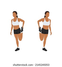 Woman doing Standing quad stretch exercise. Flat vector illustration isolated on white background