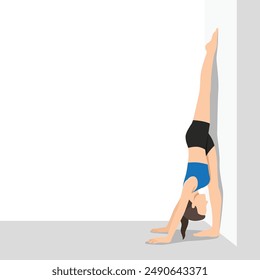 Woman doing Standing Split Pose Variation At Wall or Hanumanasana Variation At Wall yoga exercise. Flat vector illustration isolated on white background