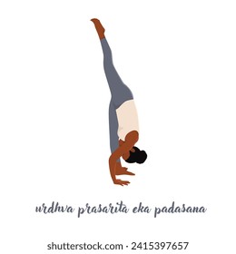 Woman doing Standing splits or Urdhva Prasarita Eka Padasana yoga pose. Flat vector illustration isolated on white background