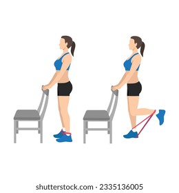 Woman doing standing supported resistance band hamstring curls exercise. Flat vector illustration isolated on white background