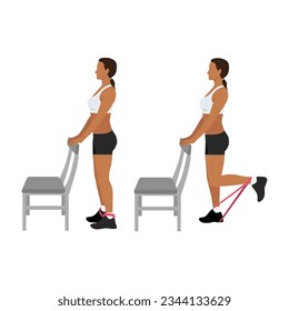 Woman doing standing supported resistance band hamstring curls exercise. Flat vector illustration isolated on white background