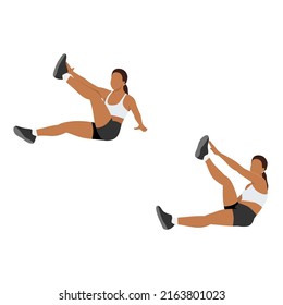 Woman doing Star toe touch sit ups exercise. Flat vector illustration isolated on white background