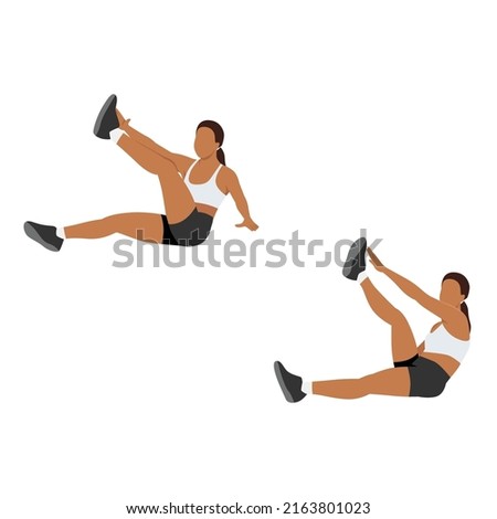 Woman doing Star toe touch sit ups exercise. Flat vector illustration isolated on white background