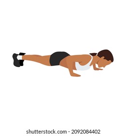 Woman doing Static push ups. pushup hold exercise. Flat vector illustration isolated on white background