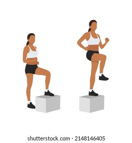 Woman doing Step up with knee raise exercise. Flat vector illustration isolated on white background