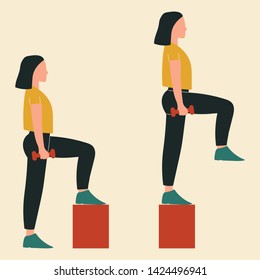 Woman doing steps-up. Illustrations of glute exercises and workouts. Flat vector illustration. 