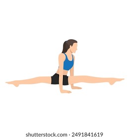 Woman doing Straddle Lift Pose or Hasta Upavistha Konasana yoga exercise. Flat vector illustration isolated on white background