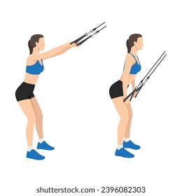 Woman doing straight arm Rope lat pulldown exercise. Flat vector illustration isolated on white background