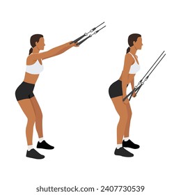 Woman doing straight arm Rope lat pulldown exercise. Flat vector illustration isolated on white background