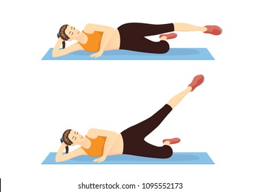 Woman Doing Straight-leg Raises To The Outside. Illustration About Step Of Thigh Workout.