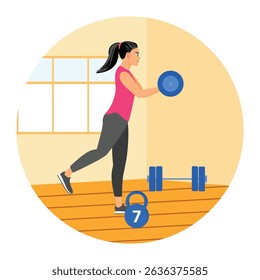A woman doing a strength and balance training exercise in a home gym. She uses a dumbbell while maintaining proper form, fostering a healthy lifestyle. Sporty young girls concept.