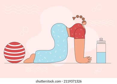 La mujer está haciendo ejercicio de estiramiento. Diseño de carácter plano. El concepto de ejercicio.