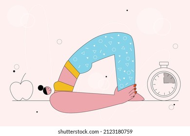 Woman is doing stretch exercise. Flat character design. Flexercise concept.