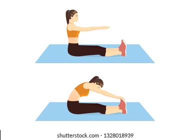 Woman Doing Stretch Exercise With Toe Touch While Sitting On Blue Mat In 2 Step. Illustration About Warm Up And Cool Down And Workout.