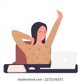 Mujer haciendo estiramientos en el escritorio. Rest break, ejercicios de fitness de trabajo ilustración vectorial