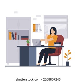 Woman doing stretches office. Illustration for websites, landing pages, mobile applications, posters and banners. Trendy flat vector illustration