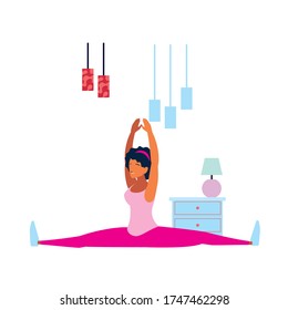 woman doing stretching exercises at home vector illustration design