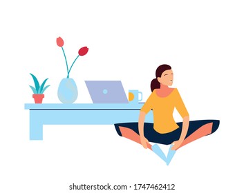 woman doing stretching exercises at home vector illustration design