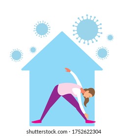 woman doing stretching exercises at home to avoid virus vector illustration design