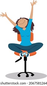Woman doing stretching exercises on a chair during her work day, EPS 8 vector illustration