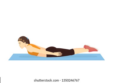 Woman doing Stretching with Salabhasana Exerciseon the floor. Illustration about Yoga pose for back muscles workout.