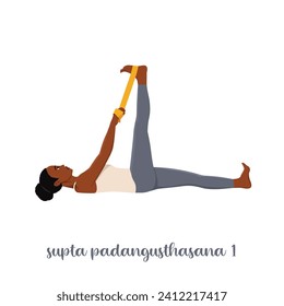 Woman doing stretching yoga exercise called Supta Padangusthasana. Flat vector illustration isolated on white background