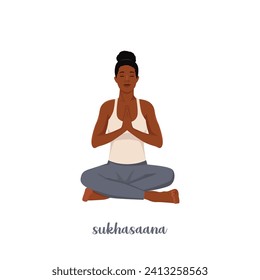 Woman doing sukhasana yoga. meditating in lotus pose, relaxation exercise, Easy Seat pose. asana. Flat vector illustration isolated on white background