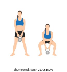 Woman doing Sumo Barbell deadlifts exercise. Flat vector illustration isolated on white background