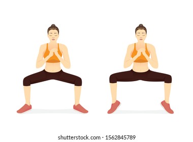 Woman doing Sumo Squat With Calf Raises for reduce fat leg. Illustration about workout diagram.